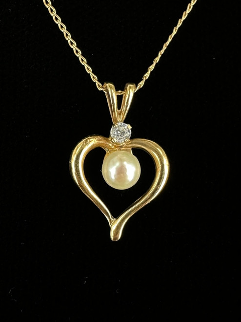 Vintage 12k GF CZ Pearl Heart Dainty Pendant Necklace 18”