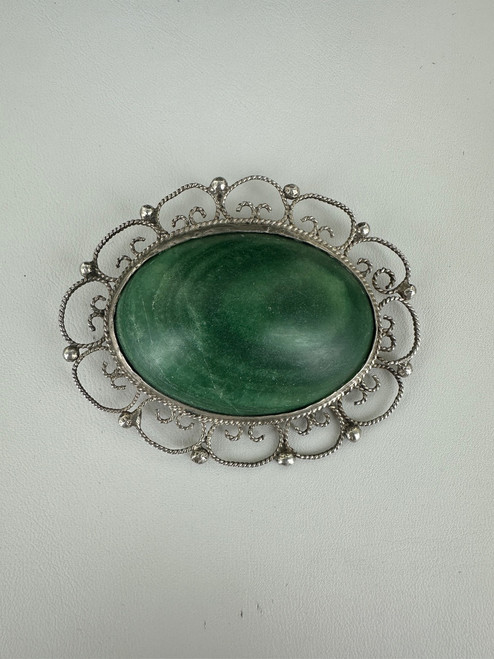 Vintage Sterling Mexico Large Malachite Large Brooch/Pin 2.75”