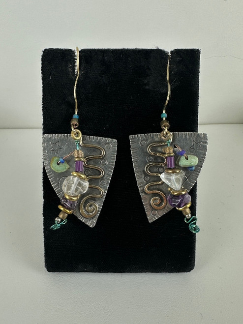 Vintage Sterling Artisan Two Tone Multi Gemstone Handmade Dangle/Drop Earrings