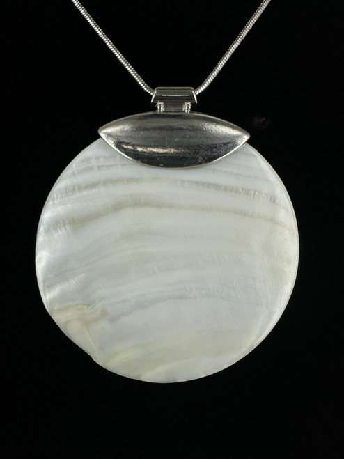 Vintage Modernist Sterling Silver Large Mother of Pearl Handmade Necklace 35”