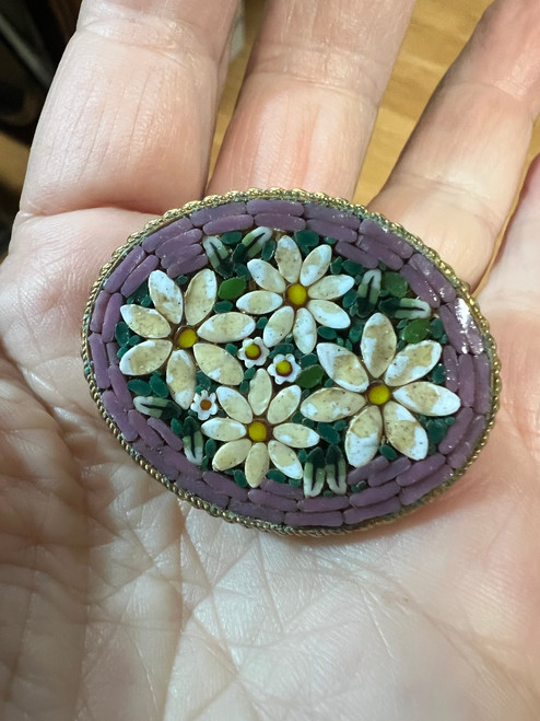 Vintage Deco Micro Mosaic Millefiori Floral Flowers Lavender Oval Pin  1 1/2"”