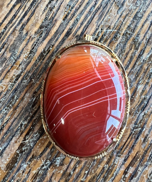Vintage Scottish Banded Agate Dark Colors Oval Cab Pin Pendant Gold Plated 1960s