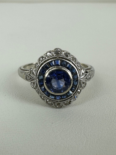Antique Art Deco 14k White Gold Sapphire Pave Diamond Ring 7.75