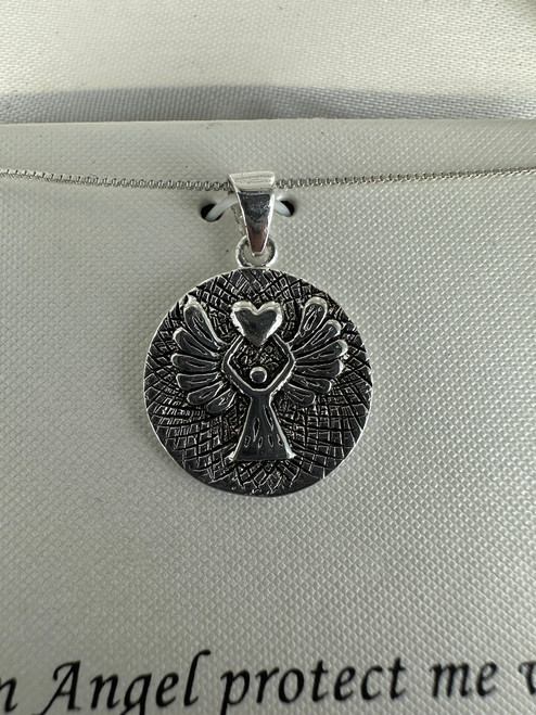 Vintage Sterling Silver Guardian Angel Coin Pendant Necklace 18”