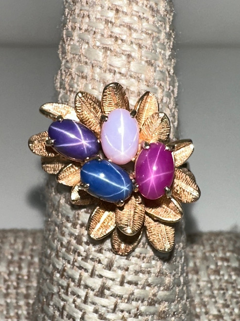 Vintage 14k Gold Linde Star Sapphire Ruby Cluster Floral Cocktail Ring 7