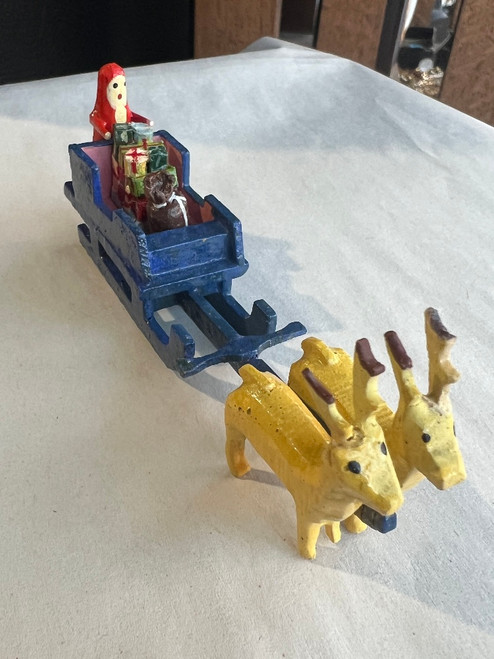 Antique German Wooden Putz Santa Sleigh & Reindeer Miniature Handmade & Marked