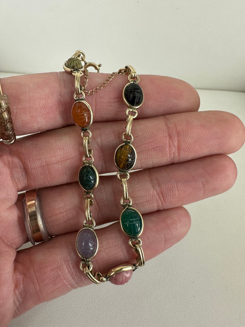 Vintage Gold Filled Scarab Carved Multi Gemstone Dainty Bracelet 7.5"