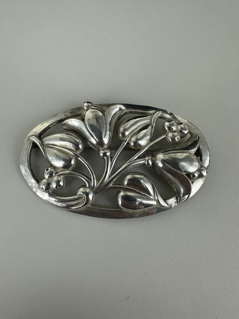 Antique Arts and Crafts Sterling Silver Handmade Oval Floral Brooch/Pin 2.5"