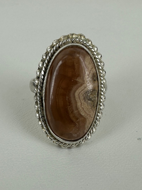Vintage Sterling Silver Navajo Large Oval Brown Tan Agate Ring 9.25