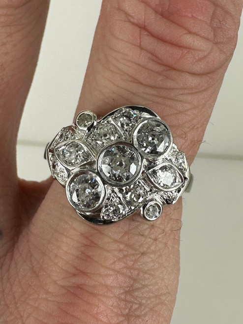 Antique Art Deco 14k White Gold Large Diamond Cluster Cocktail Ring 8.5