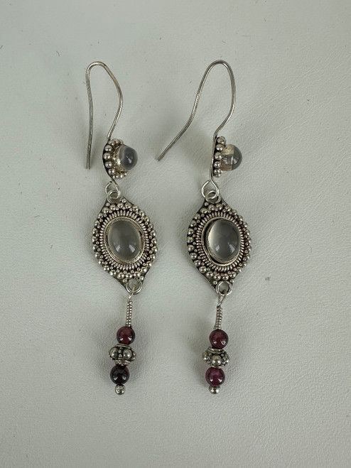 Vintage Sterling Bali Cats Eye Moonstone Amethyst Dangle/Drop Earrings 2.5”