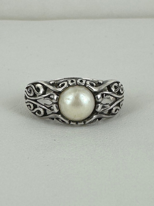 Vintage Sterling Silver Bali Pearl Unique Metalwork Ring 7