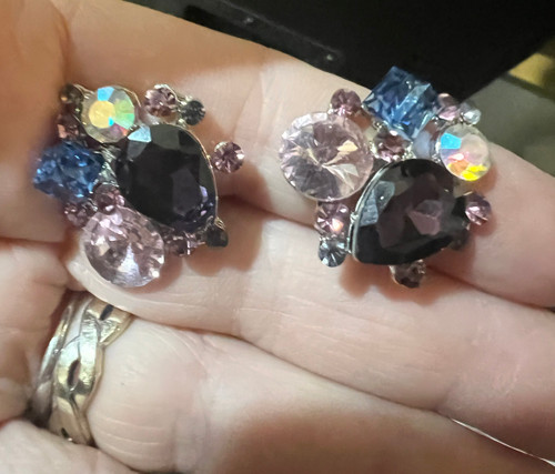 Vintage Sparkling Multi Color Purple Pink Crystal Abstract Post Earrings