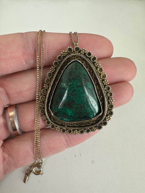 Vintage Israel Sterling Handmade Eilat Stone Brooch/Pin Pendant Necklace 17.5”
