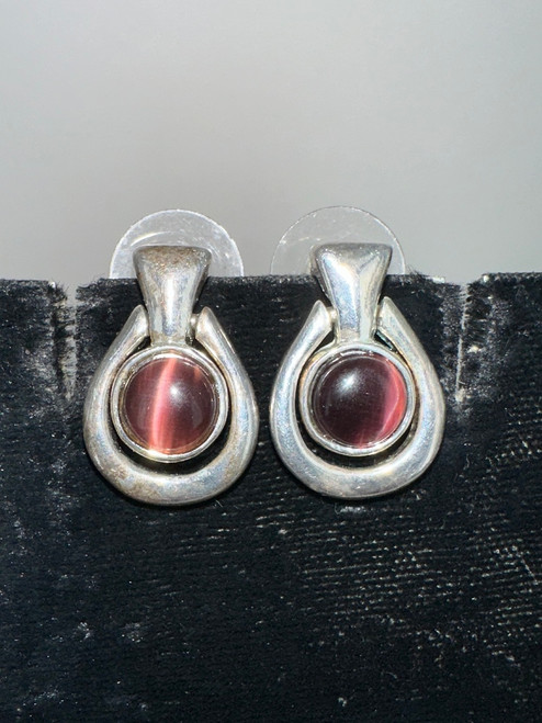 Vintage Sterling Silver Purple Glass Cats Eye Swinging Earrings
