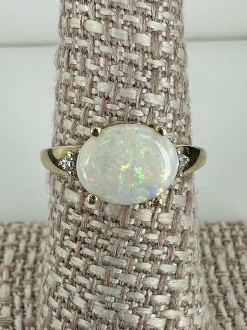 Vintage MCM 14k Gold Oval Opal Diamond Ring 7