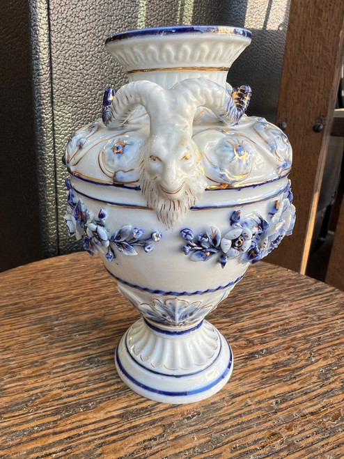 Antique German Porcelain Ram’s Head Urn Vase Blue & White Relief 5"