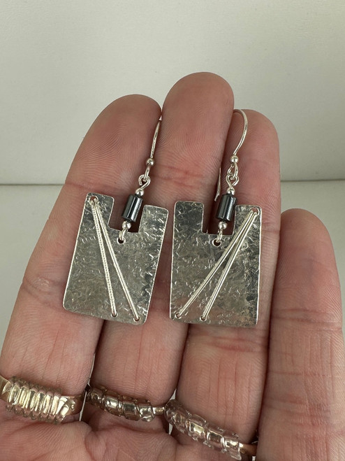Vintage Sterling Artisan Designer Hematite Dangle/Drop Earrings