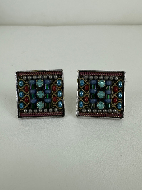 Vintage Sterling Silver Middle Eastern Square Beaded Plate Stud Earrings