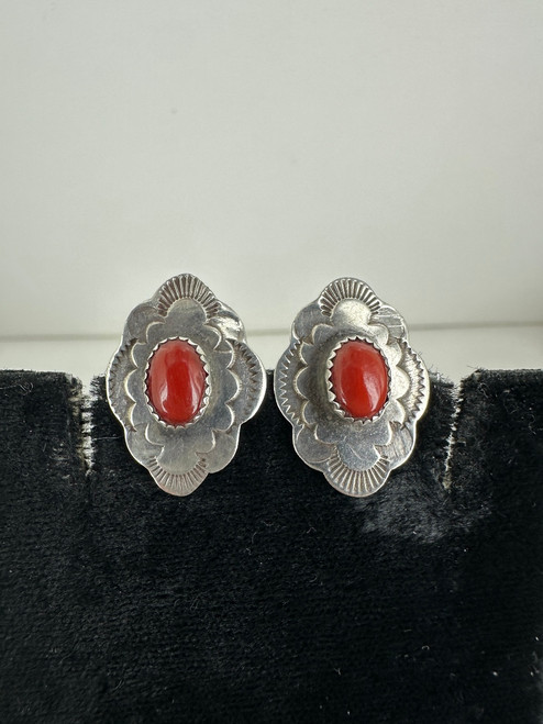 Vintage Sterling Silver Navajo Red Coral Handmade Stud Earrings