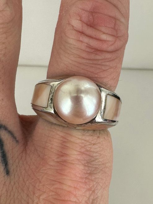 Vintage Sterling Silver Pink MOP Pearl Inlay Solitaire Ring 7.5