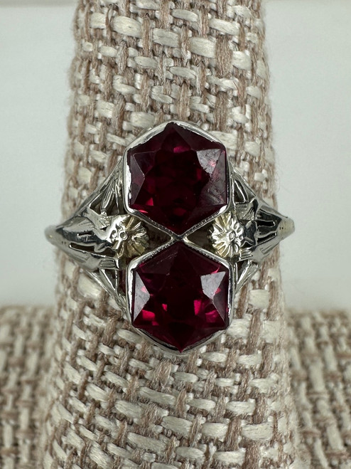 Antique Art Deco 18k White Gold Double Hexagon Cut Ruby Filigree Ring 7.5
