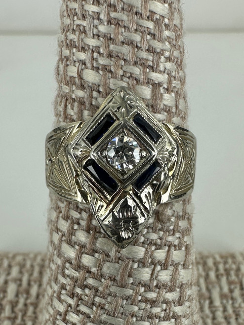 Antique Art Deco 10k/14k White Gold Diamond Sapphire Clasp Conversion Ring 6.25