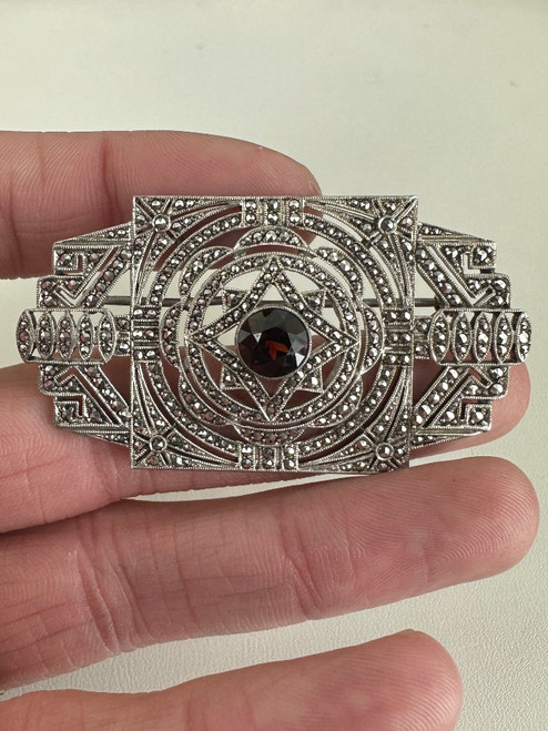 Antique Art Deco Sterling Silver Garnet Marcasite Brooch/Pin 2.25”