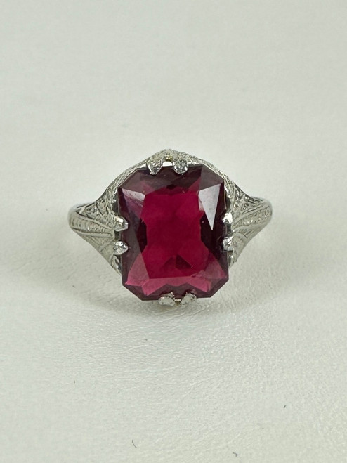 Antique Art Deco 10k White Gold Garnet Ring 4.75