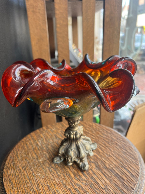 Vintage Murano Ruby Red & Green Art Glass Sommerso Bowl w/ Metal Pedestal - MCM