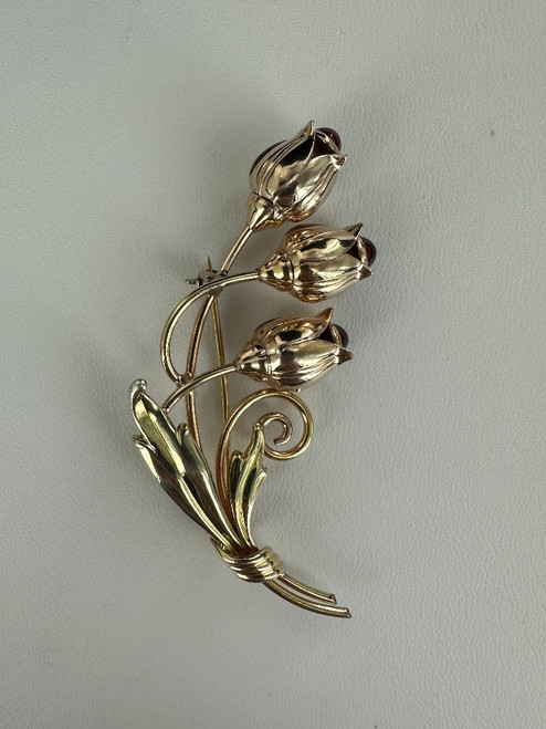 Vintage Sterling Gold Vermeil Garnet Tulip Brooch/Pin