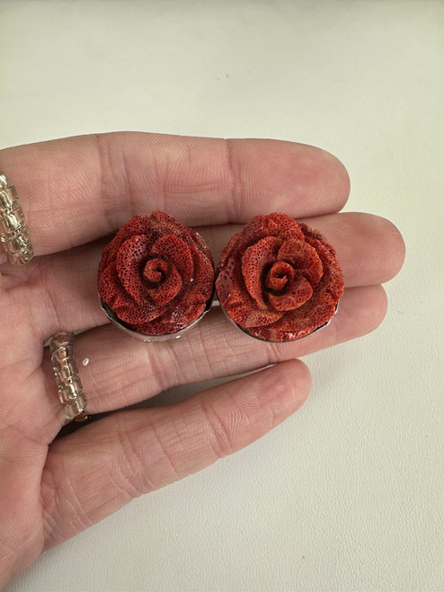 Vintage Sterling Large Rose Carved Red Coral Clip On Earrings