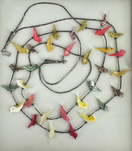 Vintage Sterling Zuni Fetish Multicolor Carved Bird Double Strand Necklace 25.5”