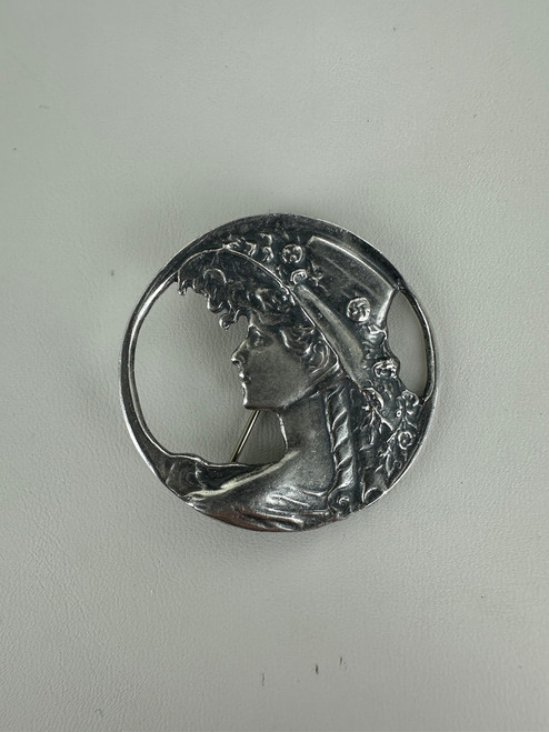 Vintage Sterling Art Nouveau Revival Lady In Hat Floral Pendant Brooch/Pin