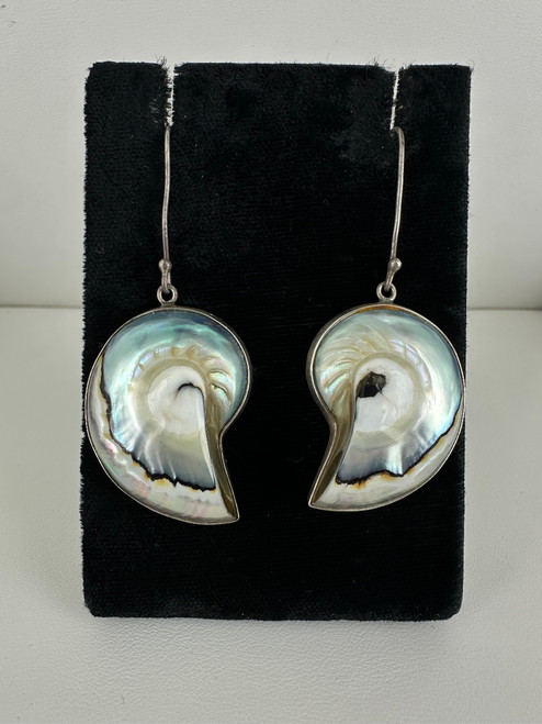 Vintage Sterling Silver Natural Nautilus MOP Shell Earrings 2.25"