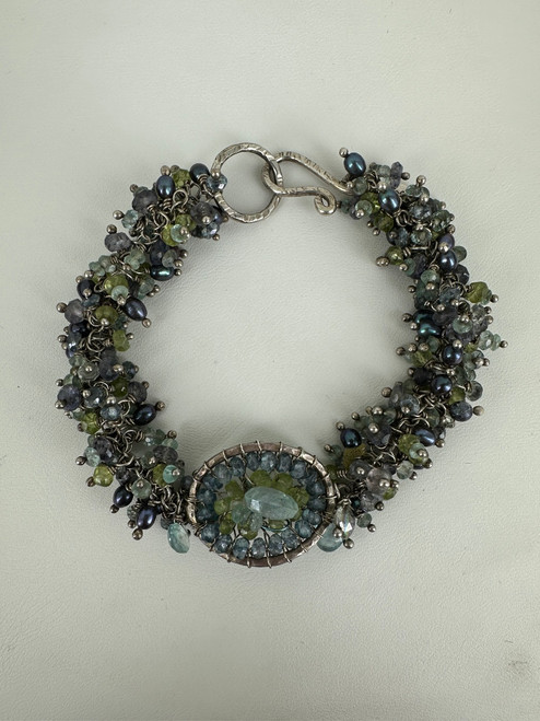 Vintage Sterling Silver Tahitian Pearl Multi Gemstone Beaded Bracelet 8”