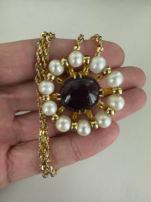 Vintage Sterling Silver Gold Vermeil Amethyst Pearl Brooch Pendant Necklace 16”