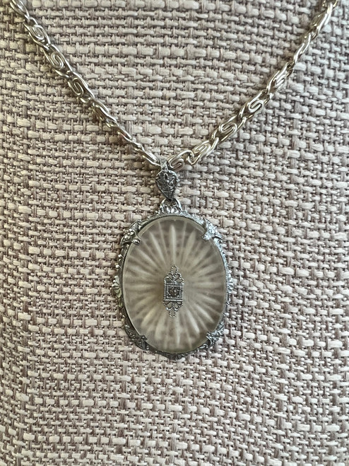 Antique Art Deco Silver Crystal Oval Camphor Glass Filigree Pendant Necklace 24”