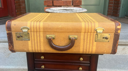 Vintage Tweed Suitcase Train Case Overnight Luggage Leather Trim