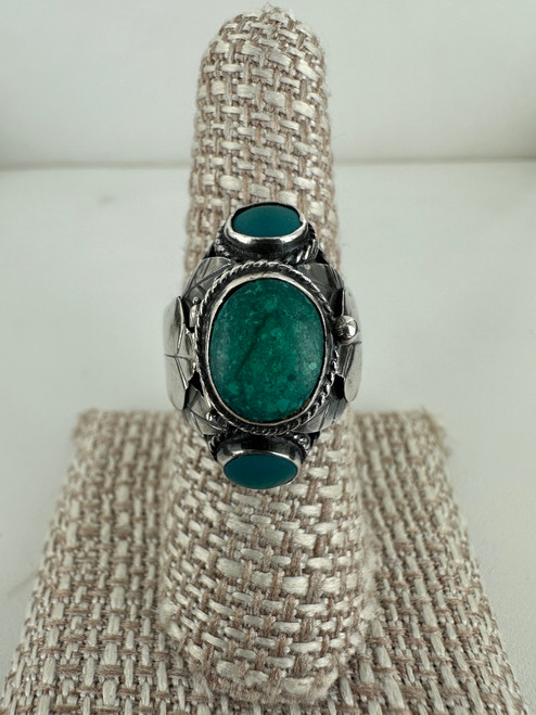 Vintage Sterling Silver Taxco Mexico Large Turquoise Nature Adjust Poison Ring 7