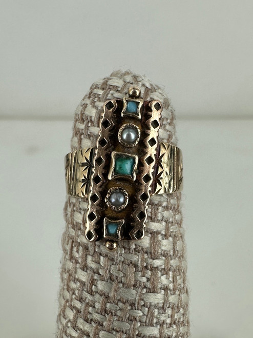 Antique Victorian 9k Rose Gold Turquoise Pearl Dainty Ring 2.5