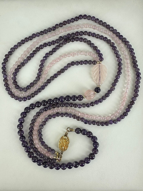 Vintage Sterling GP Amethyst Rose Quartz Leaf Bead Triple Strand Necklace 28”