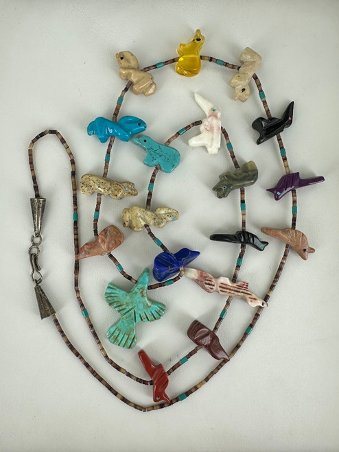 Vintage Sterling Zuni Fetish Multicolor Carved Bird Bear Animal Bead Necklace