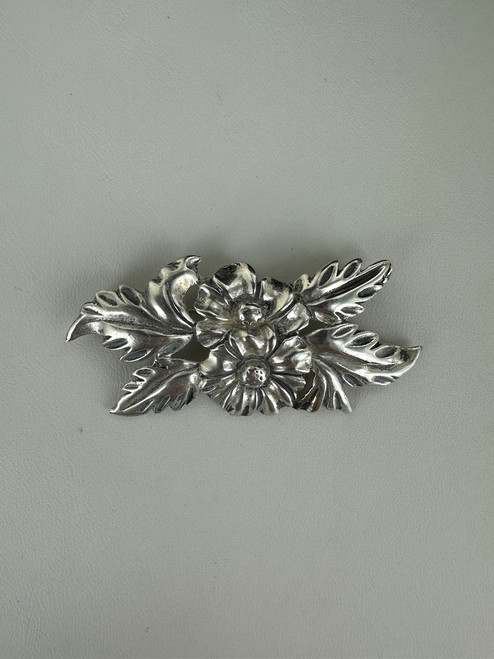 Antique Art Nouveau Sterling Silver Flower Leaf Brooch/Pin 2.5”
