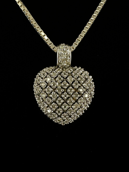 Vintage Sterling Silver Pave Diamond Heart Pendant Necklace 15.5”