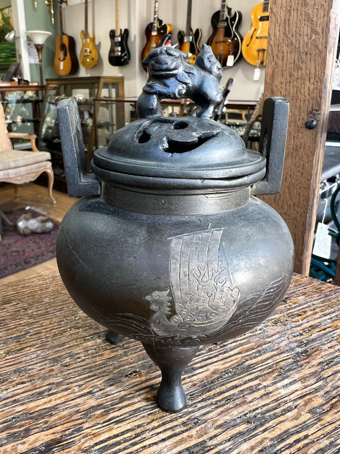 Antique Chinese Bronze Censer Fu Dog Finial Tripod Censer w/ Inlays