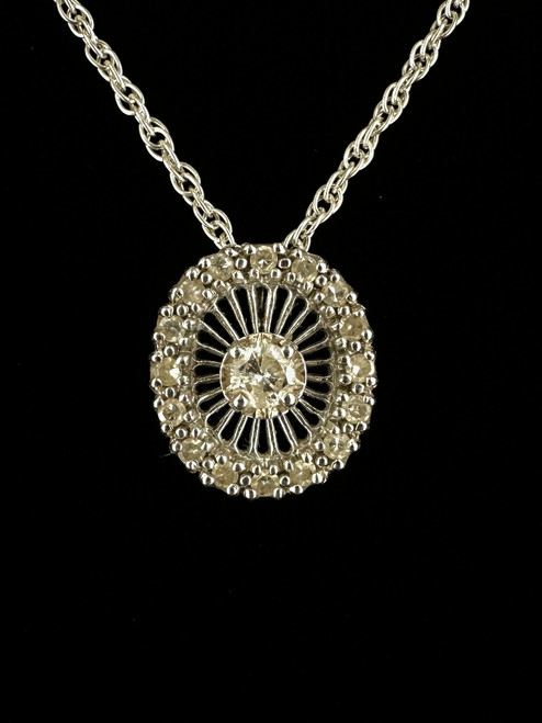Vintage MCM Art Deco 14k White Gold Diamond Oval Pendant Necklace 18.5”