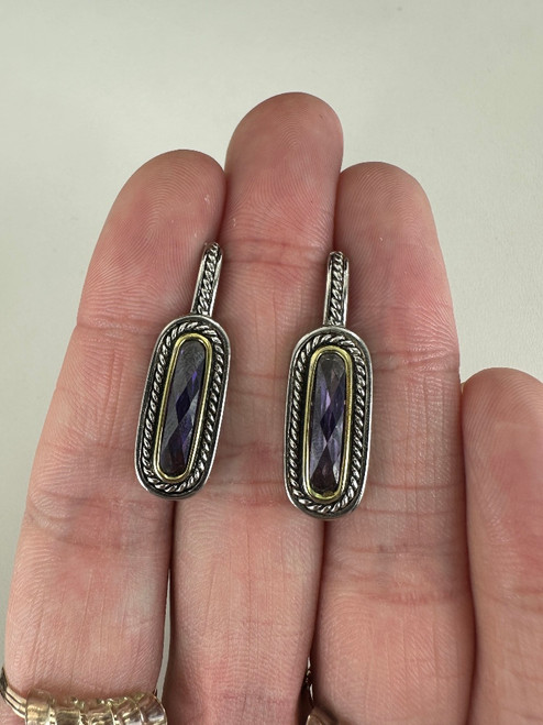 Vintage Sterling Silver Two Tone Amethyst Long Oval Earrings 1.25”