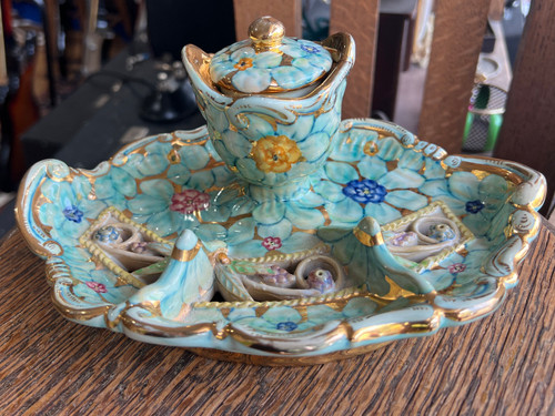 Vintage Ardalt Italian Oro Aretine Majolica Porcelain Inkwell 9” Blue