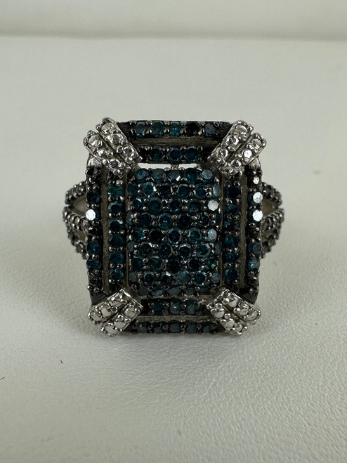 Vintage Sterling Silver Judith Ripka Pave Blue Diamond Square Cocktail Ring 7.5